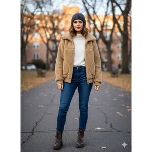 Aritzia Wilfred Free Teddy Sherpa Bomber Jacket Women XS Oversized Brown EUC